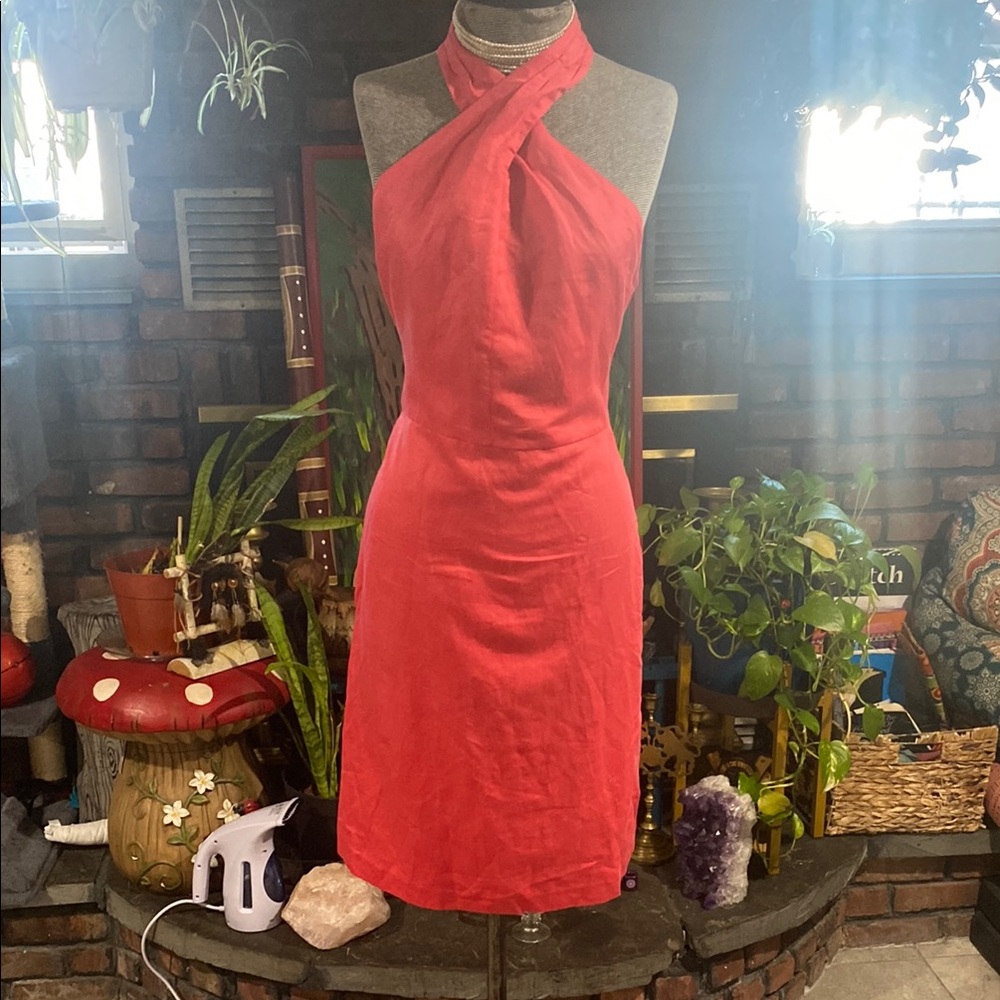 Linen Pink Sleeveless Halter Sheath Dress